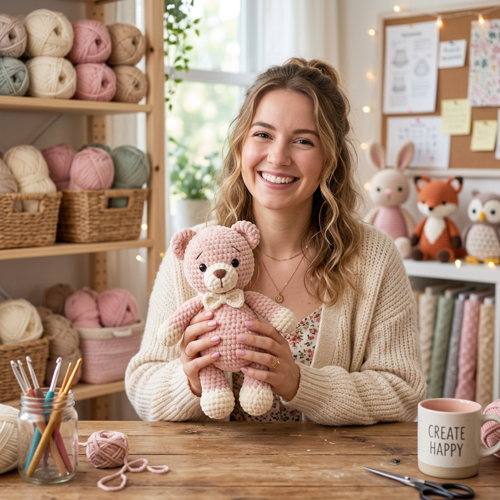 Mujer sonriente sosteniendo un osito de amigurumi